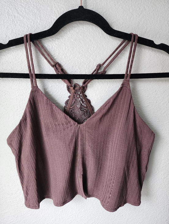 aerie Tops - Aerie NWT Ribbed Cropped Racerback Embroidered Lace Bralette Medium In Brown